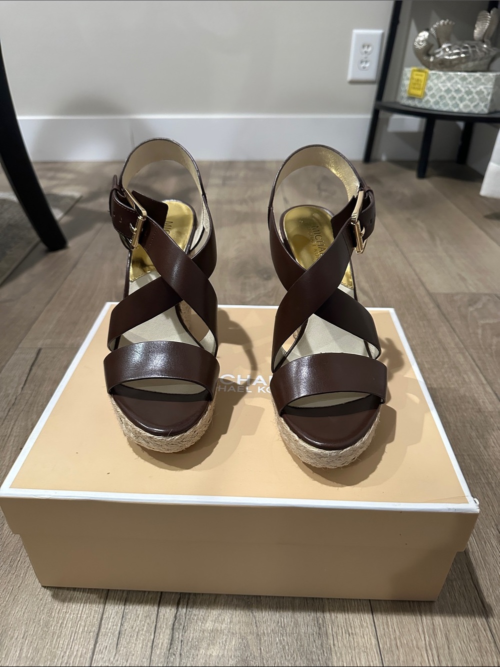 Michael Kors Dark Brown Leather Espadrille Wedge Sandals